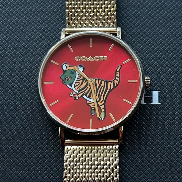 Coach Perry Watch With 36mm BurgundyRed Face With dinosaur & Golden MeshBracelet - Picture 2 of 6